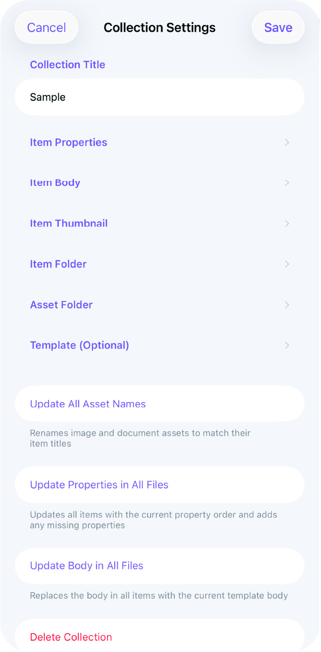 Collection Settings Item Properties