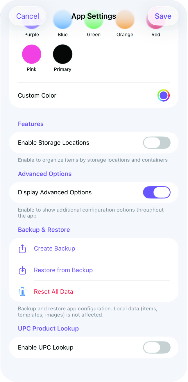 App Settings with Advanced Options
