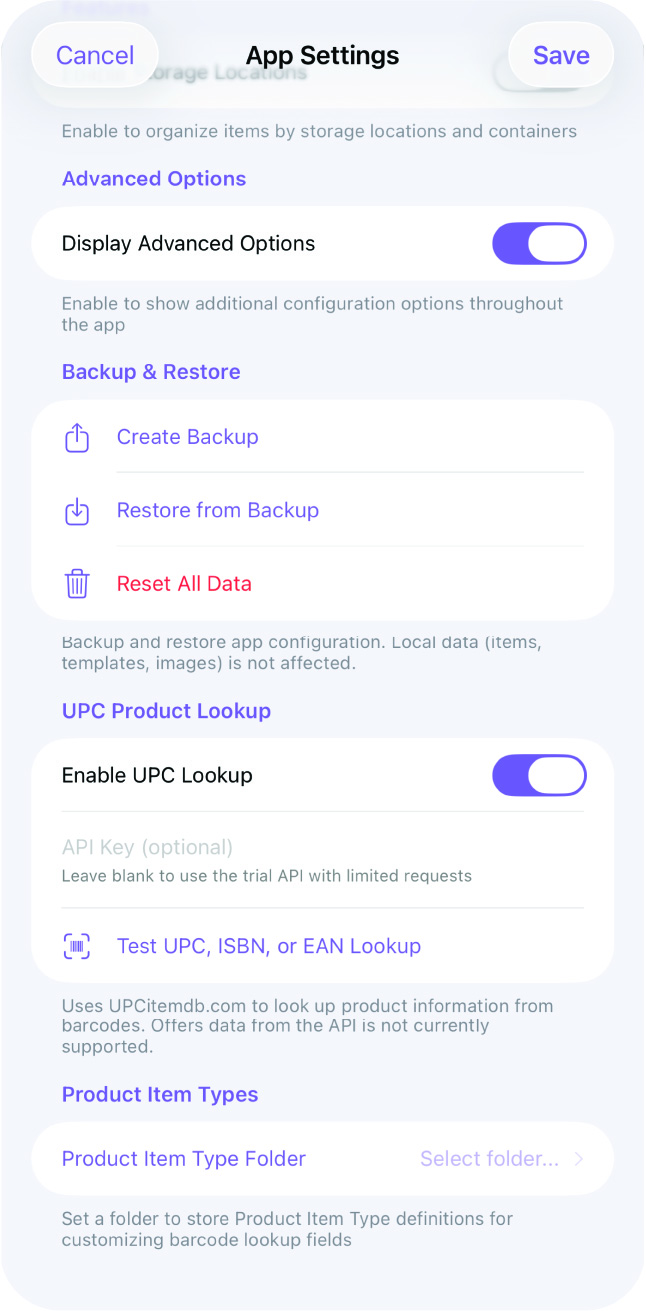 App Settings Advanced Options more