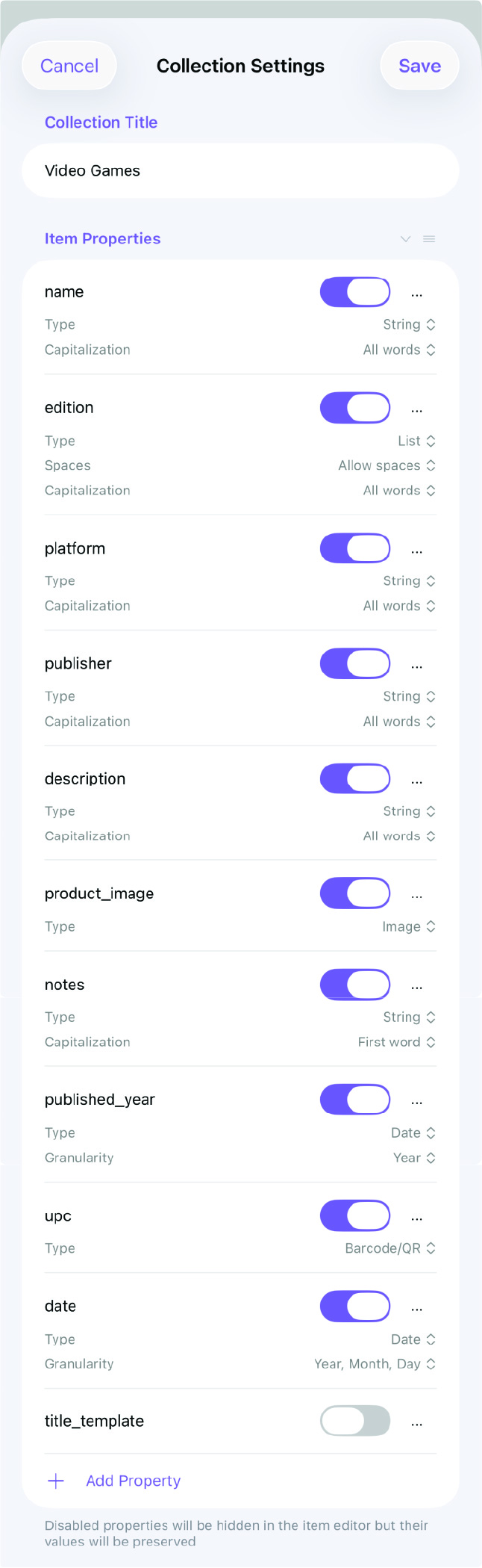 Video game collection properties