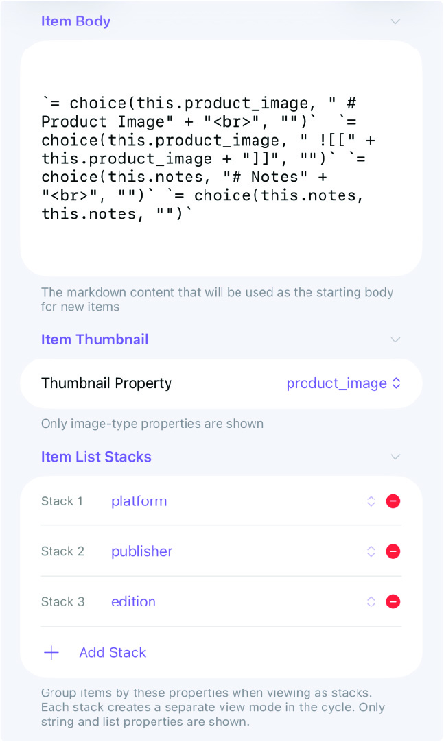 Item body, thumbnail, and stacks configuration